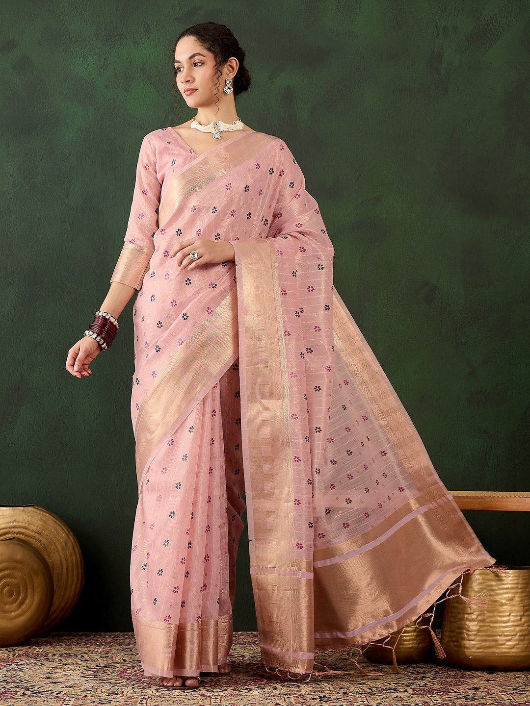 

DIVASTRI Woven Design Zari Organza Kanjeevaram Saree, Peach