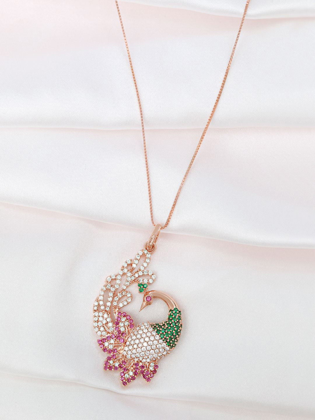 

Zavya 925 Sterling Silver Rose Gold-Plated CZ Studded Peacock Shaped Pendant with Chain