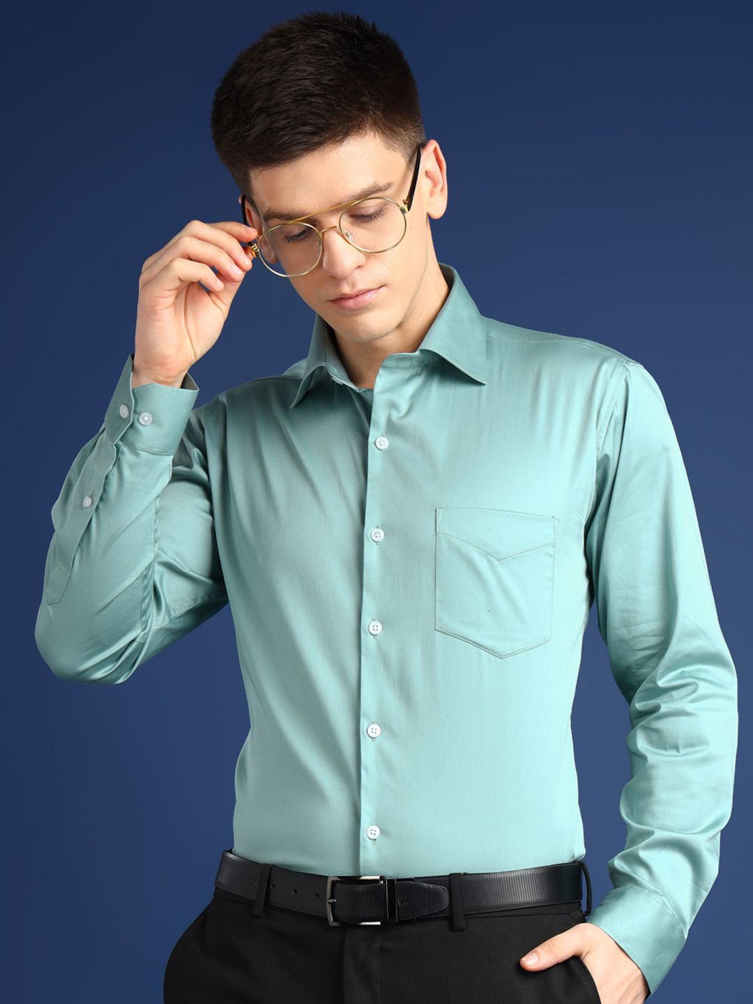 

Hancock Men Premium Slim Fit Opaque Cotton Satin Stretchable Formal Shirt, Sea green