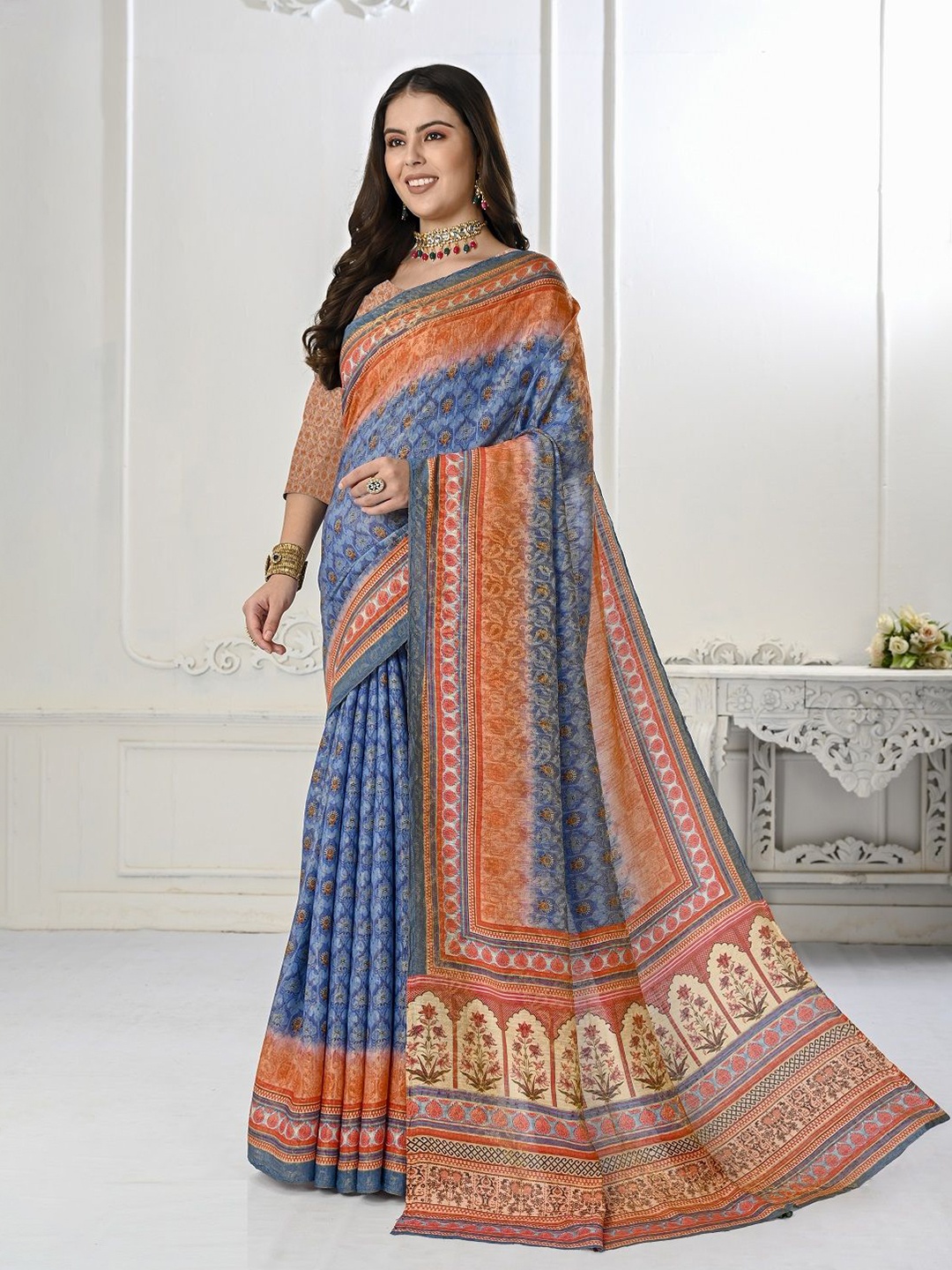 

JIVORA Ethnic Motifs Printed Pure Silk Saree, Blue