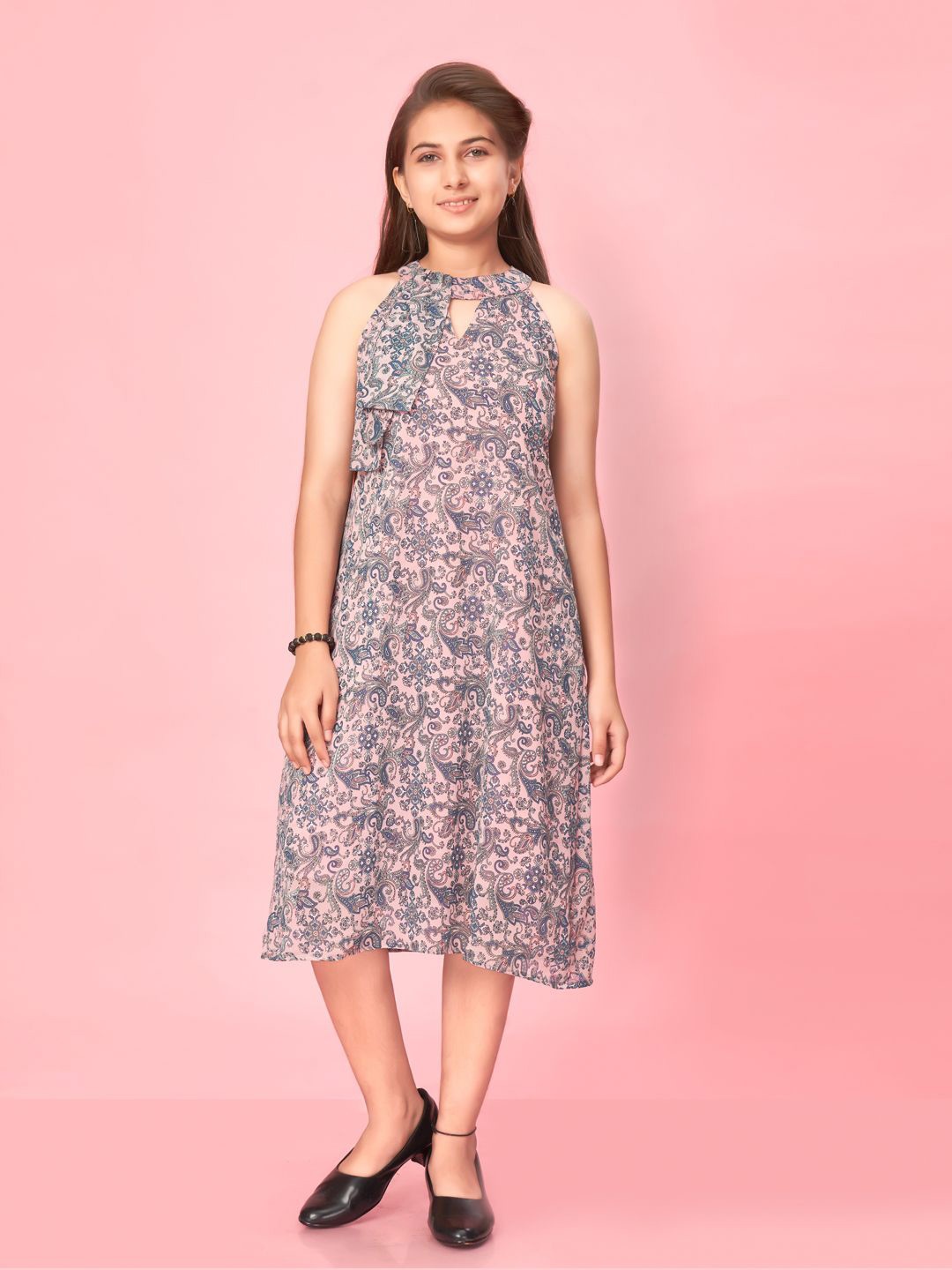 

BAESD Floral Print Georgette A-Line Midi Dress, Peach