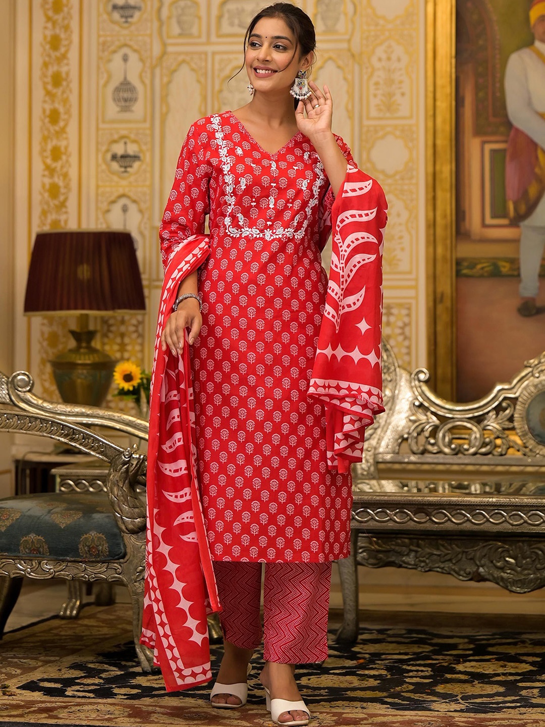 

Benaaz Women Ethnic Motifs Printed Embroidered Pure Cotton Kurta With Trousers & Dupatta, Red