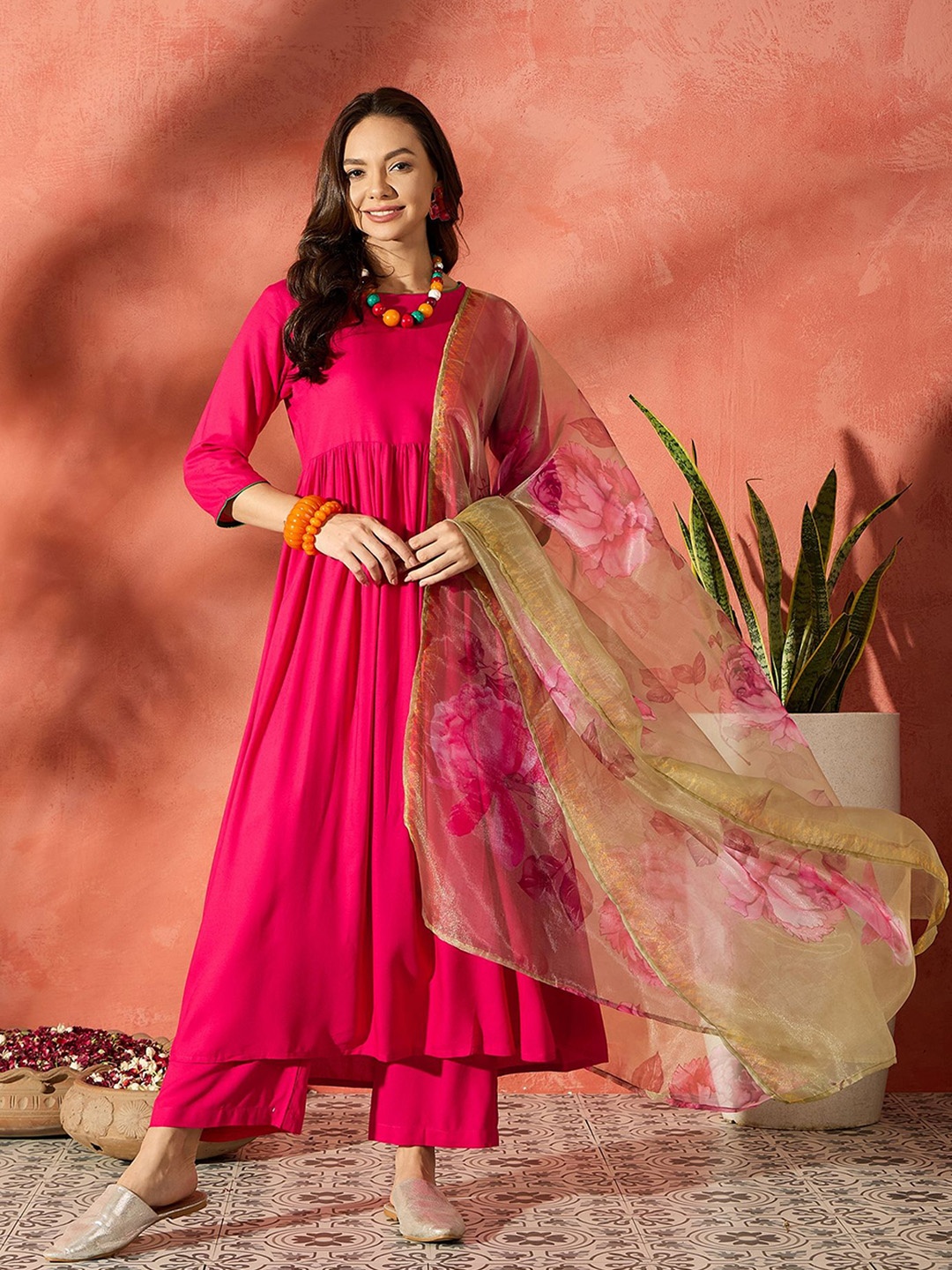 

InWeave Women A-Line Calf Length Kurta With Trousers With Dupatta, Fuchsia
