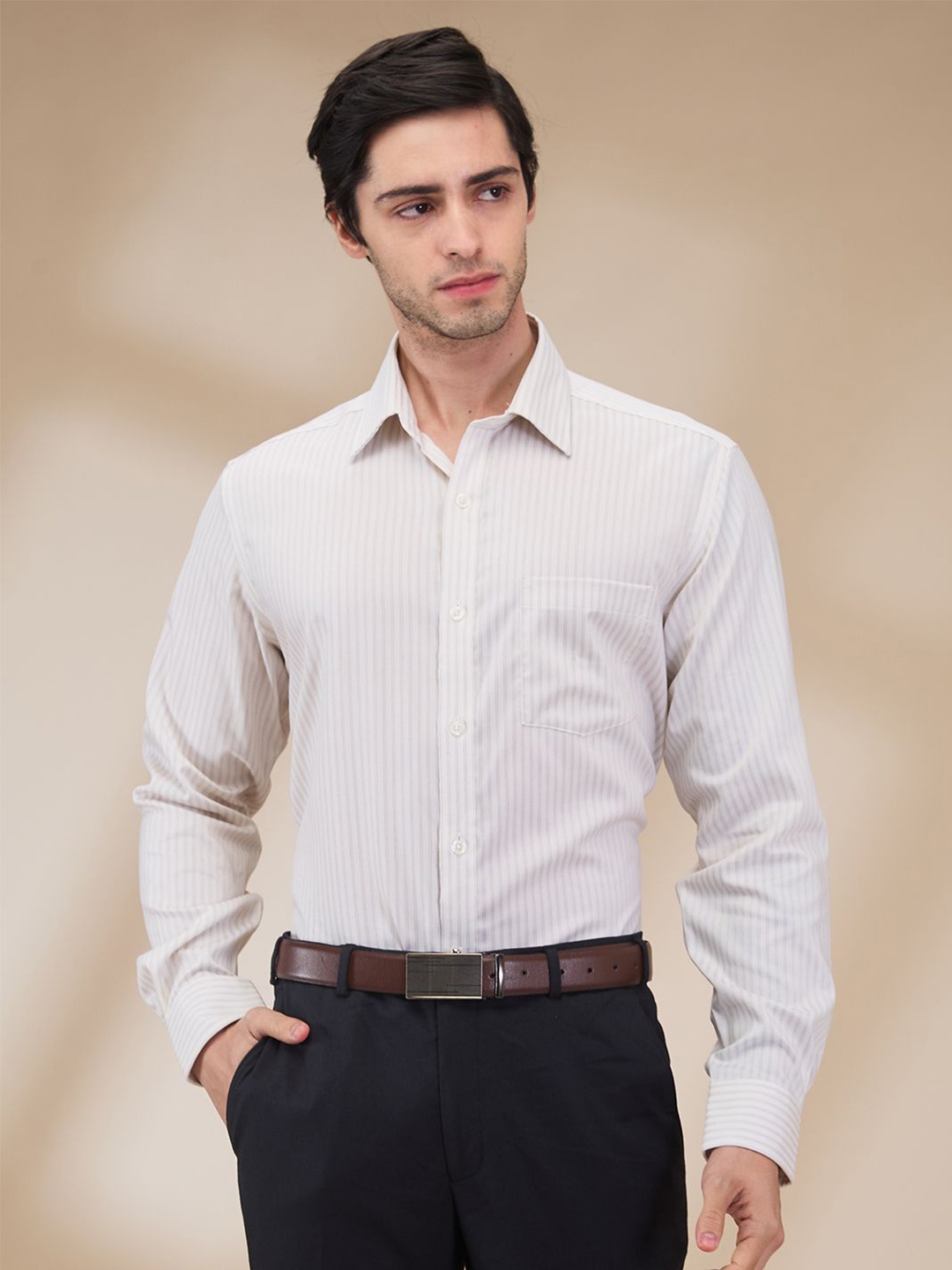 

Park Avenue Men Spread Collar Vertical Striped Cotton Formal Shirt, Off white