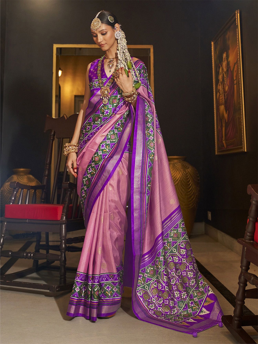

elora Woven Design Designer Patola Saree, Pink