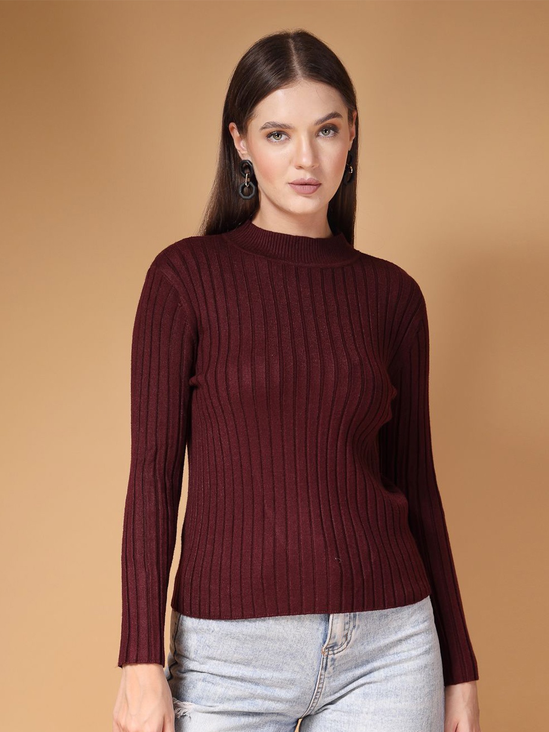 

Mafadeny Women Vertical Striped Round Neck Top, Maroon
