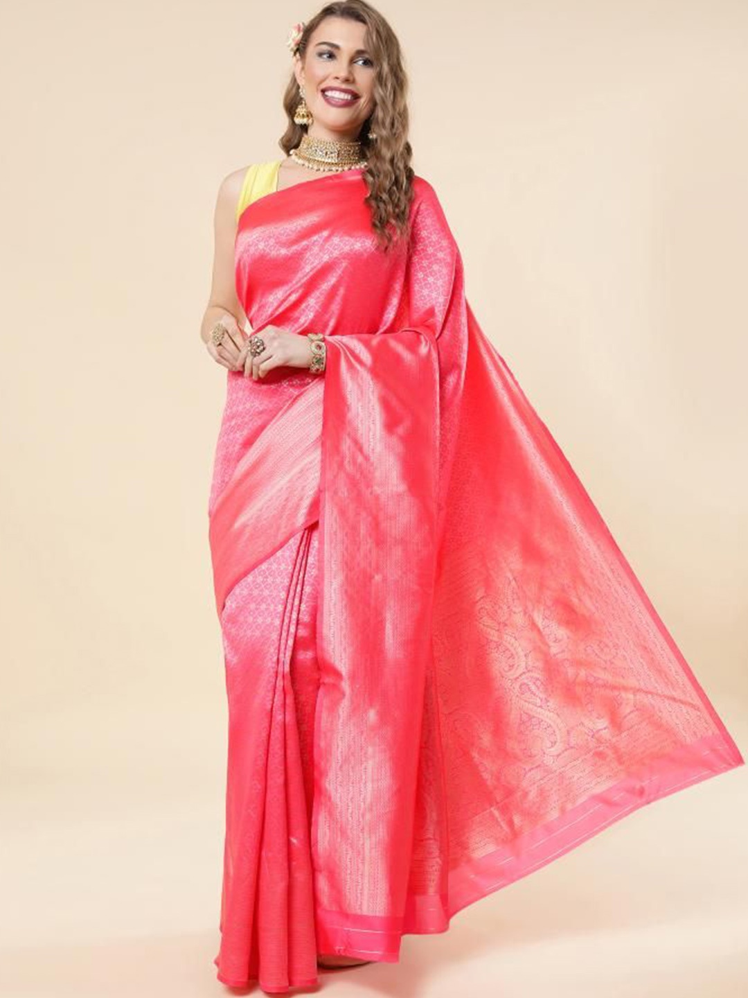 

HANDSEL Women Woven Design Zari Pure Silk Banarasi Saree, Peach