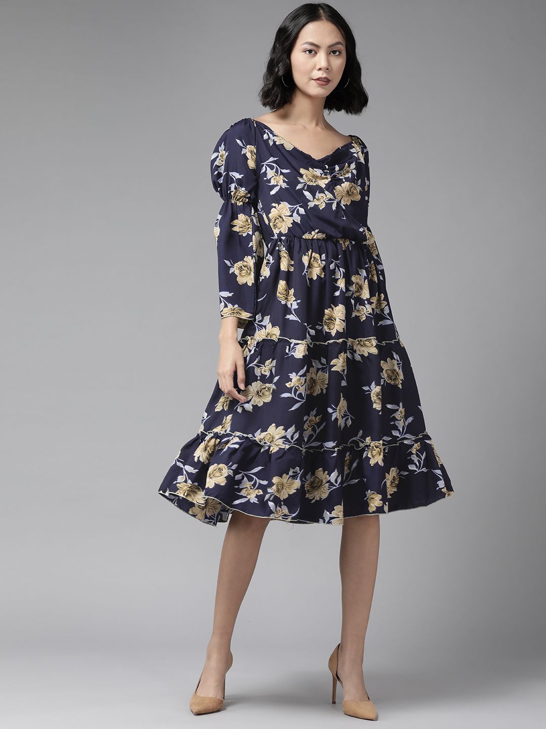 

BAESD Women Floral Printed Puff Sleeve Fit and Flare Dress, Navy blue