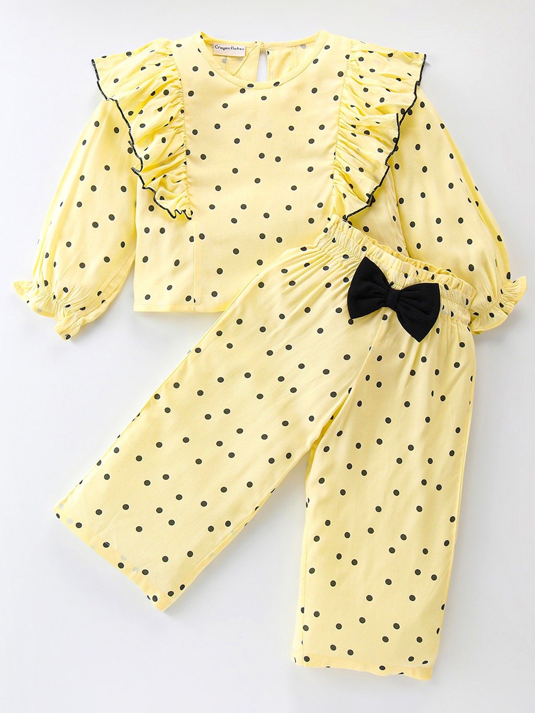 

CrayonFlakes Girls Polka Dot Printed Round Neck Long Sleeves Top With Palazzo, Yellow