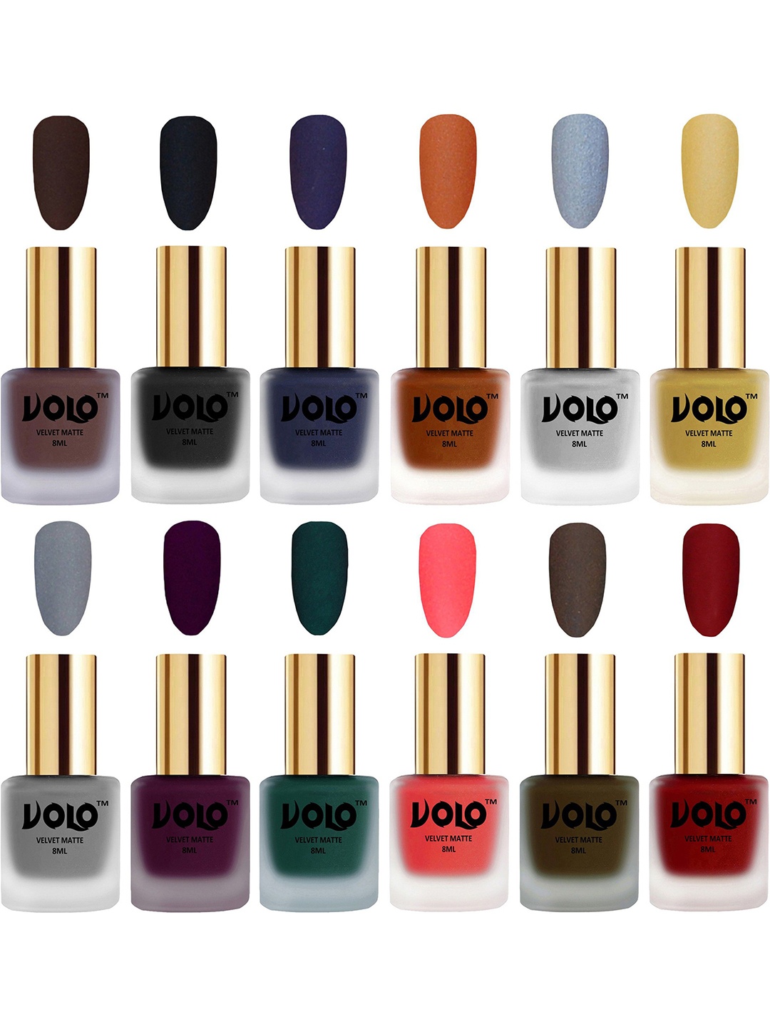 

VOLO Set Of 12 Velvet Matte Nail Polish - 8 ml Each - Light Wine - Tomato Red -Neon Orange, Multi