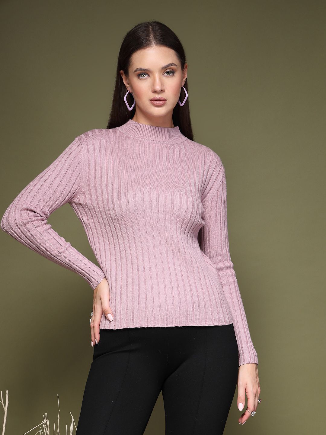 

Mafadeny Women Vertical Striped Round Neck Top, Mauve