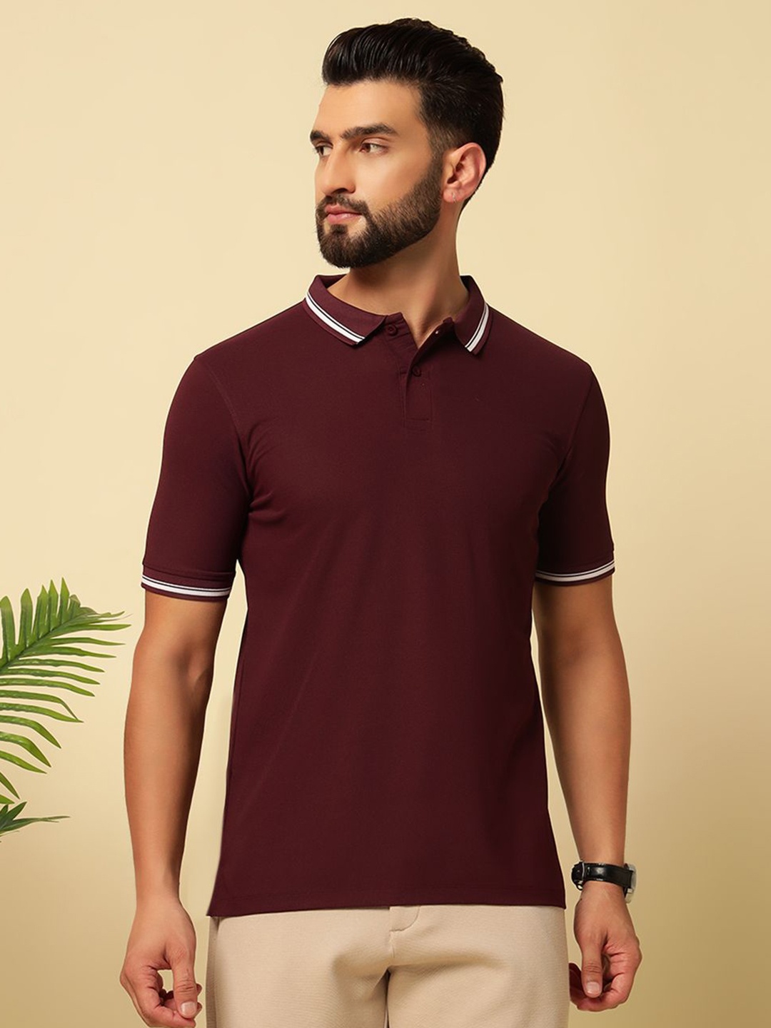 

MUWIN Men Solid Polo Collar Cotton T-shirt, Burgundy