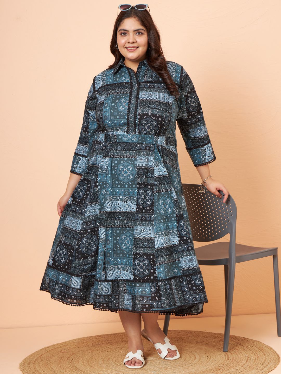 

Tissu Print Fit & Flare Midi Dress, Black