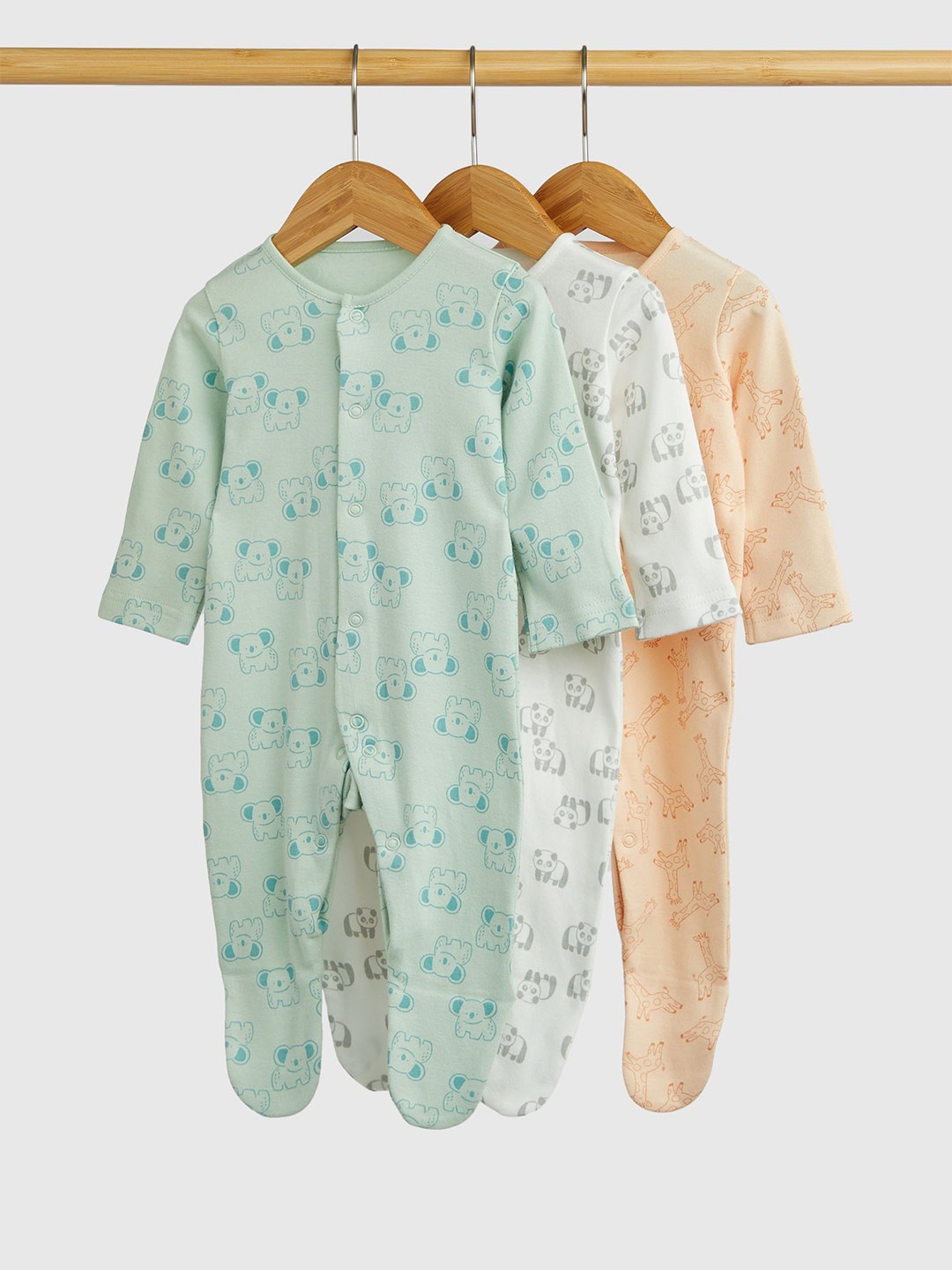 

mothercare Kids Pack of 3 Printed Pure Cotton Sleepsuit, Green