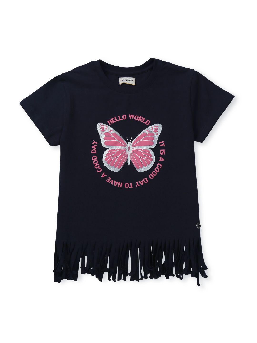 

Gini and Jony Girls Graphic Printed Fringed Cotton Top, Navy blue