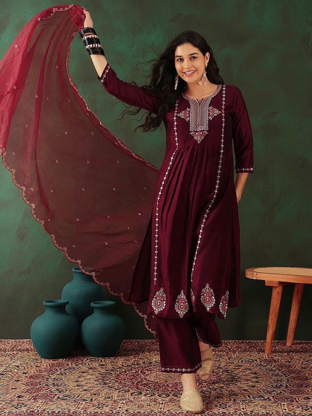 

Sangria Women Embroidered A-Line Kurta Trousers & Dupatta, Maroon