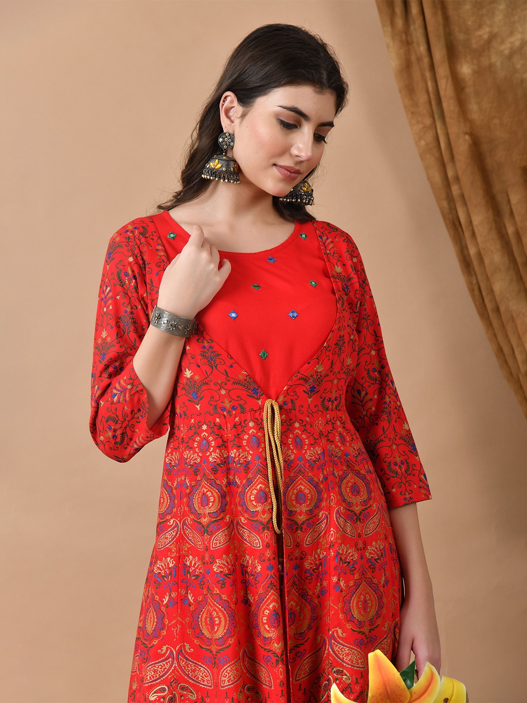 

ftDiva Printed Round Neck Dresses, Red