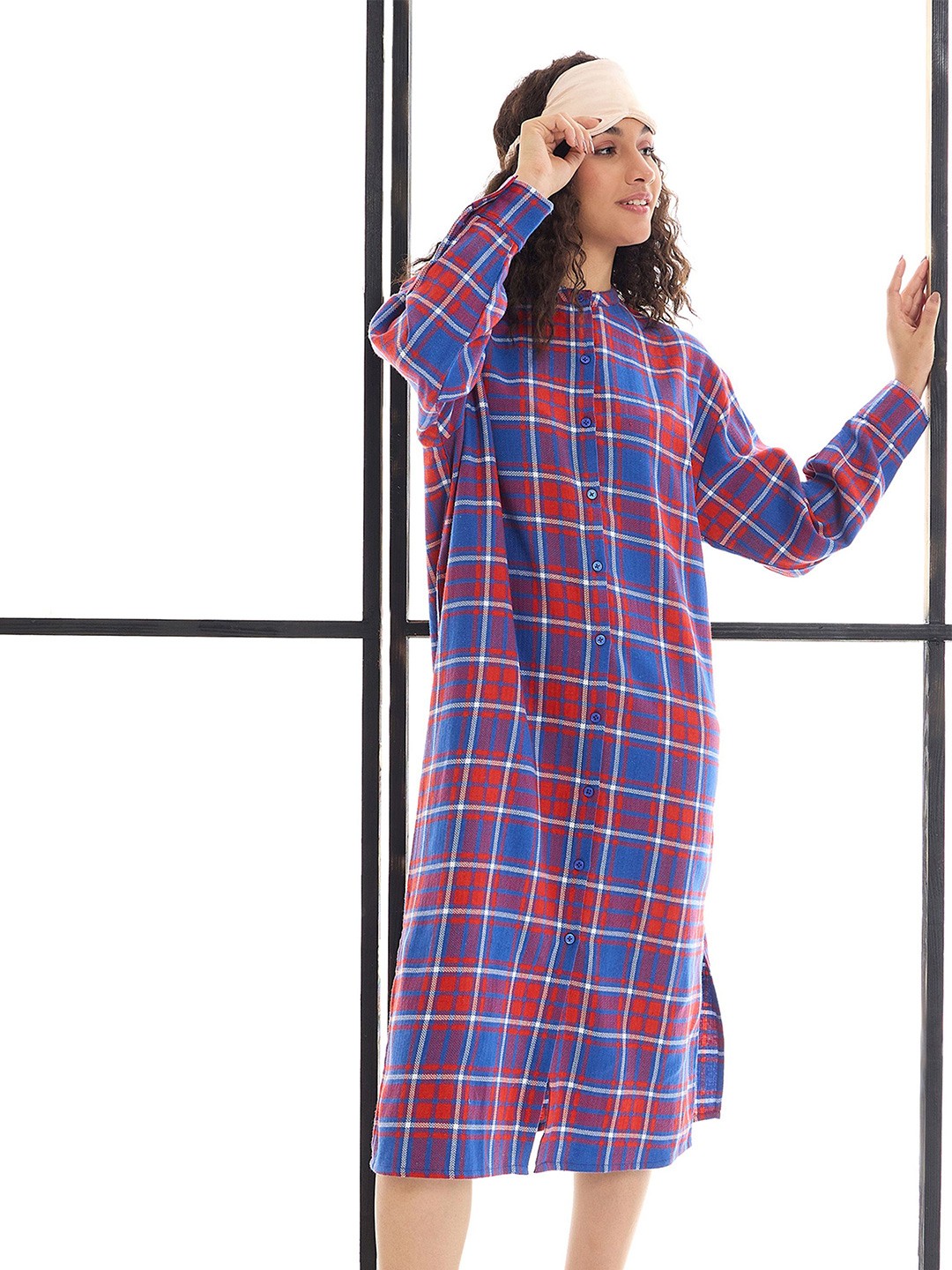 

SASSAFRAS alt-laze Women Checked Pure Cotton Nightdress, Red