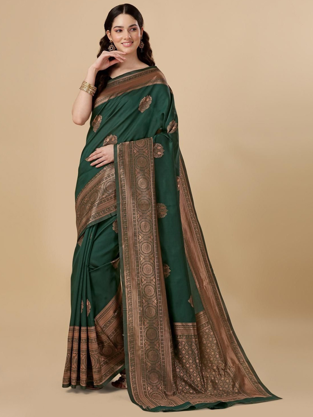 

HANDSEL Woven Design Zari Pure Silk Banarasi Saree, Green