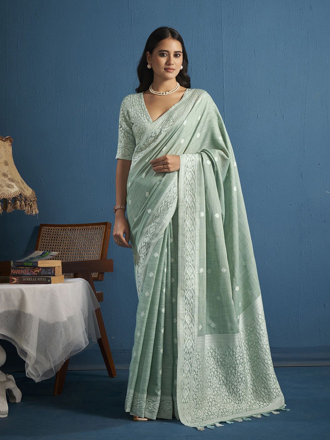 

elora Woven Design Chikankari Linen Blend Designer Saree, Sea green