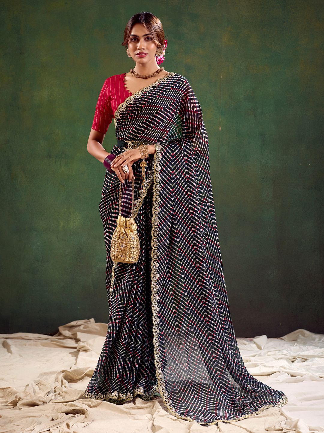 

Mitera Geometric Printed Sequinned Saree, Black