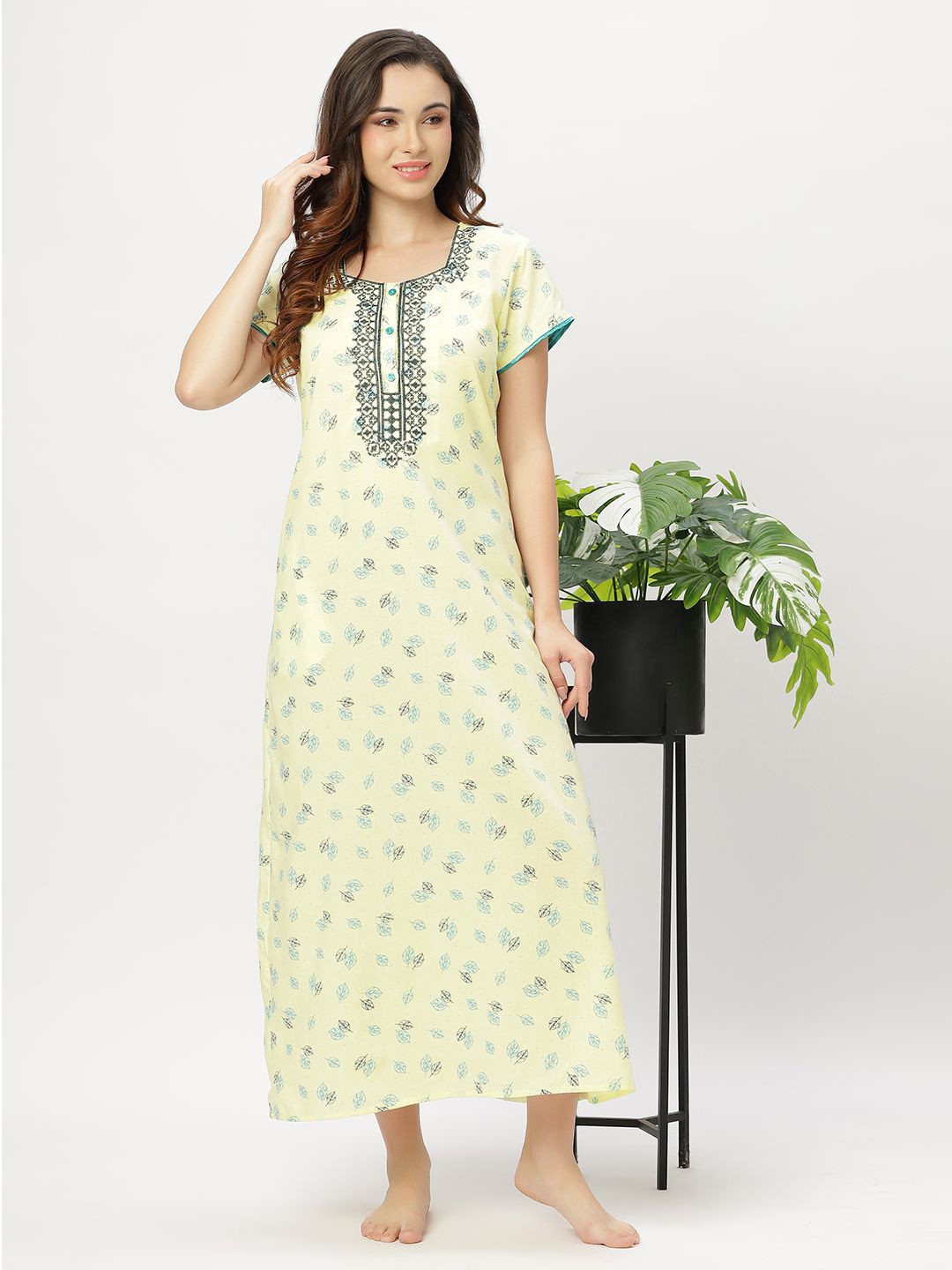 

ETC Floral Printed Pure Cotton Nightdress, Yellow