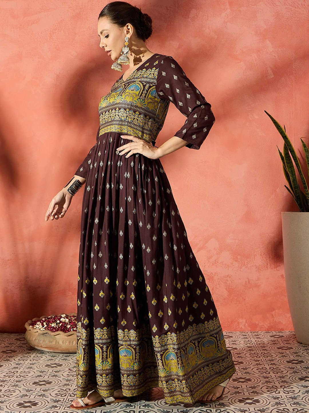 

Sangria Printed Flared Ethnic Dress, Brown