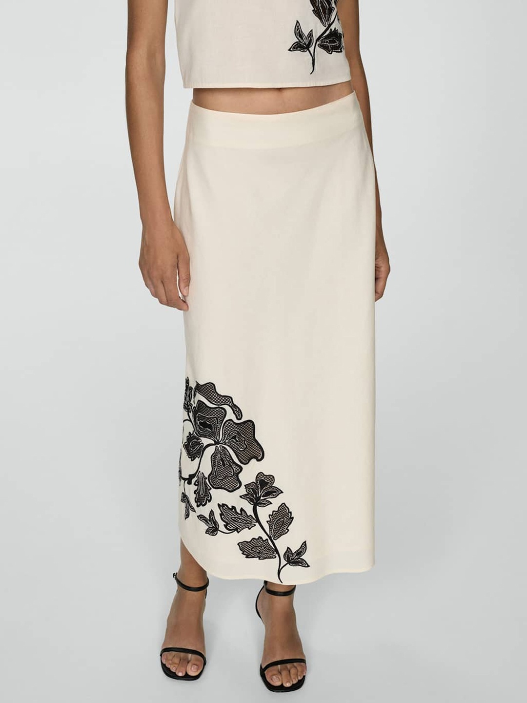 

MANGO Embroidered Cotton Linen A-Line Midi Skirt, Off white