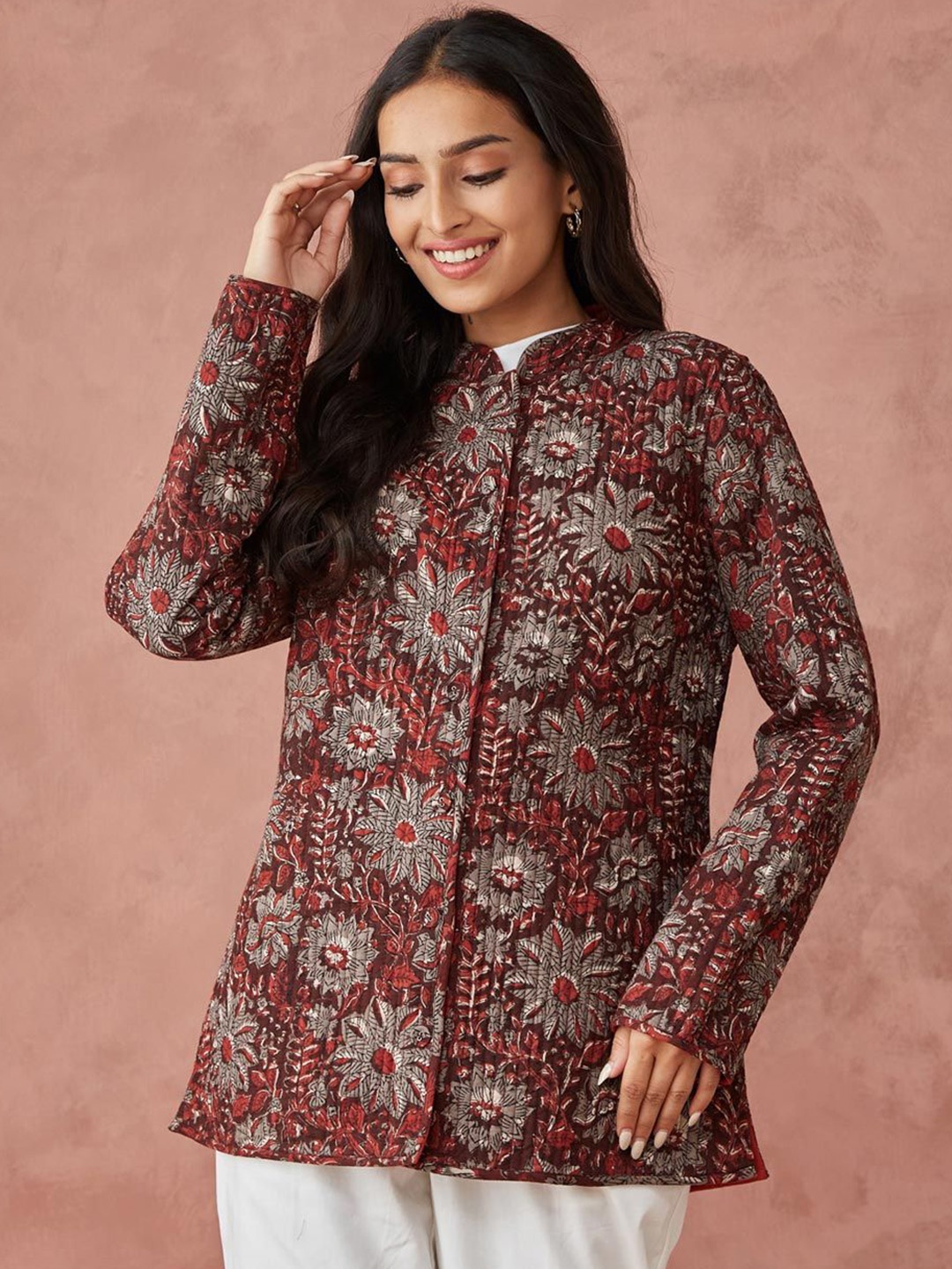

Fabindia Women Cotton Floral Longline Quilted Jacket, Maroon