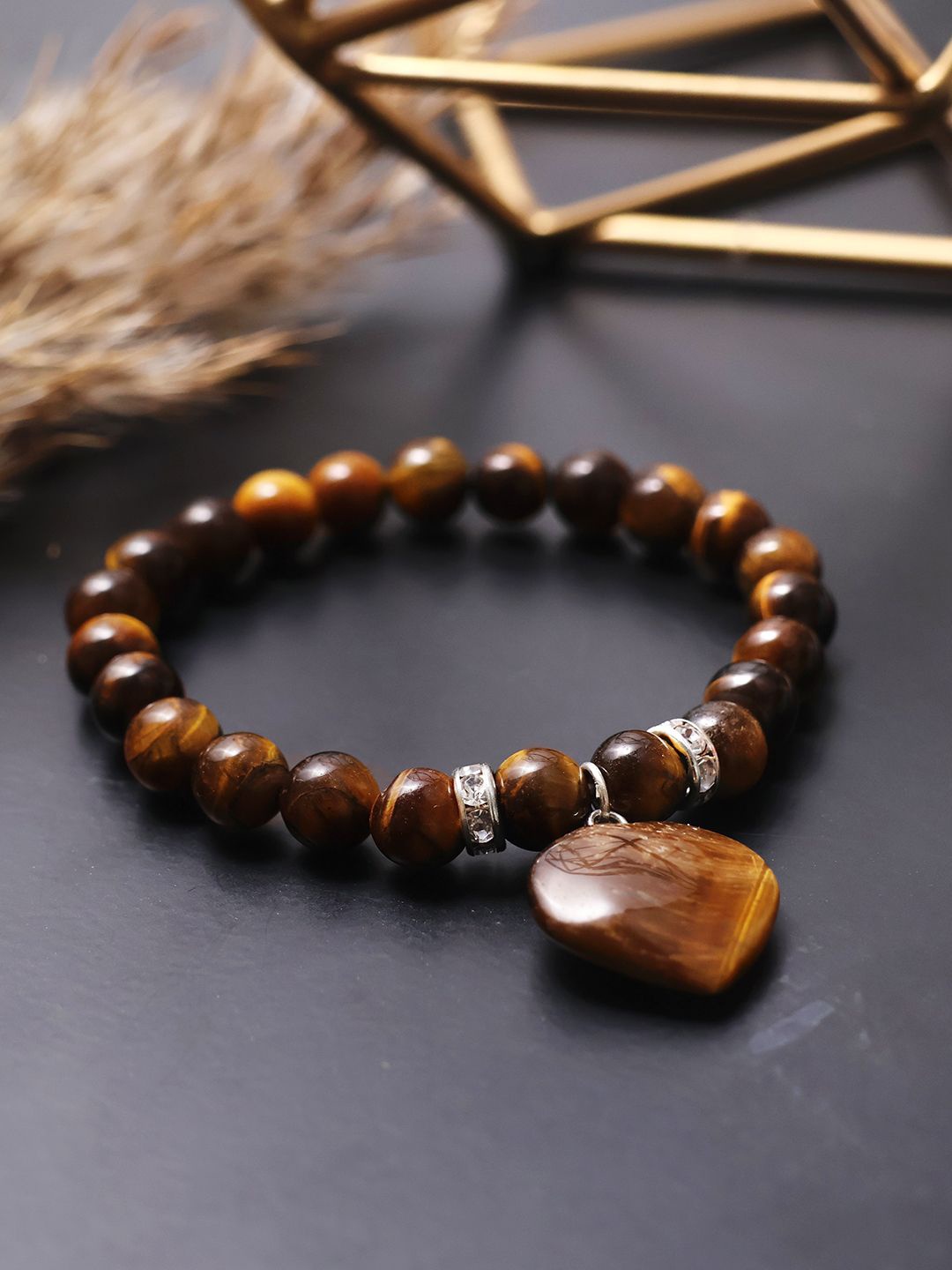 

Shubhanjali Tiger Eye & Crystals Studded Heart Charm Elasticated Bracelet, Brown