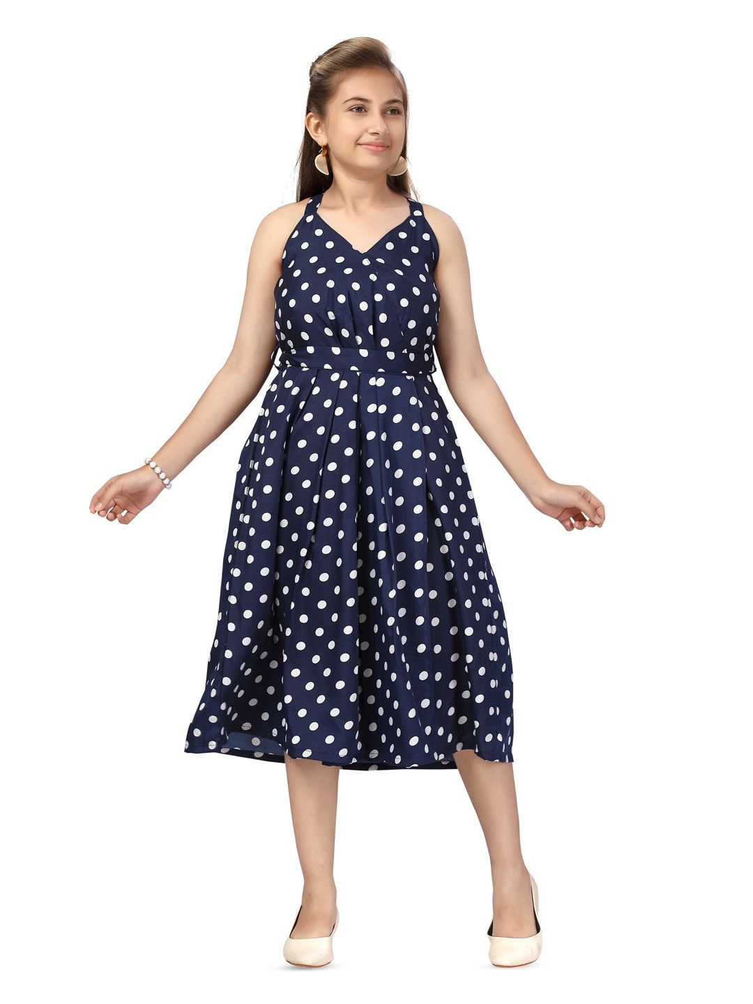

BAESD Girls Polka Dot Printed Cotton Fit & Flare Midi Dress, Navy blue