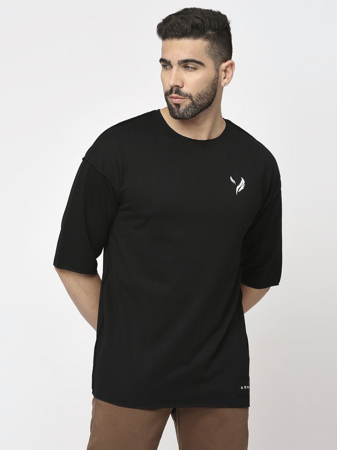 

AMMARZO Round Neck Drop Shoulder T-shirt, Black