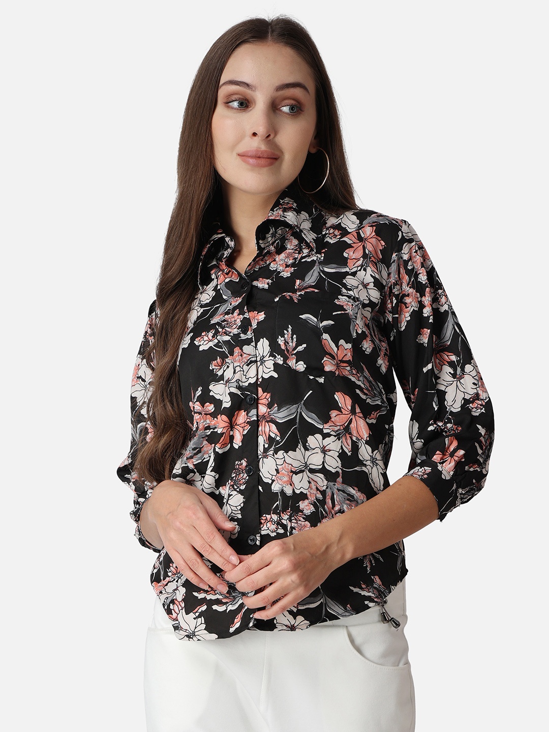 

MINOS Women Classic Spread Collar Floral Printed Crepe Slim Fit Casual Shirt, Black