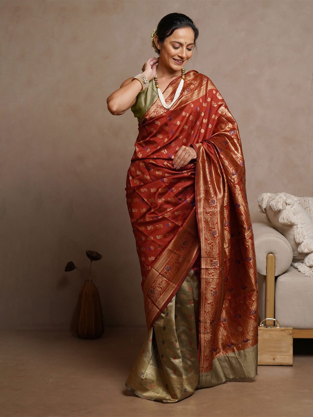 

Subham Woven Design Zari Half and Half Banarasi Saree, Rust