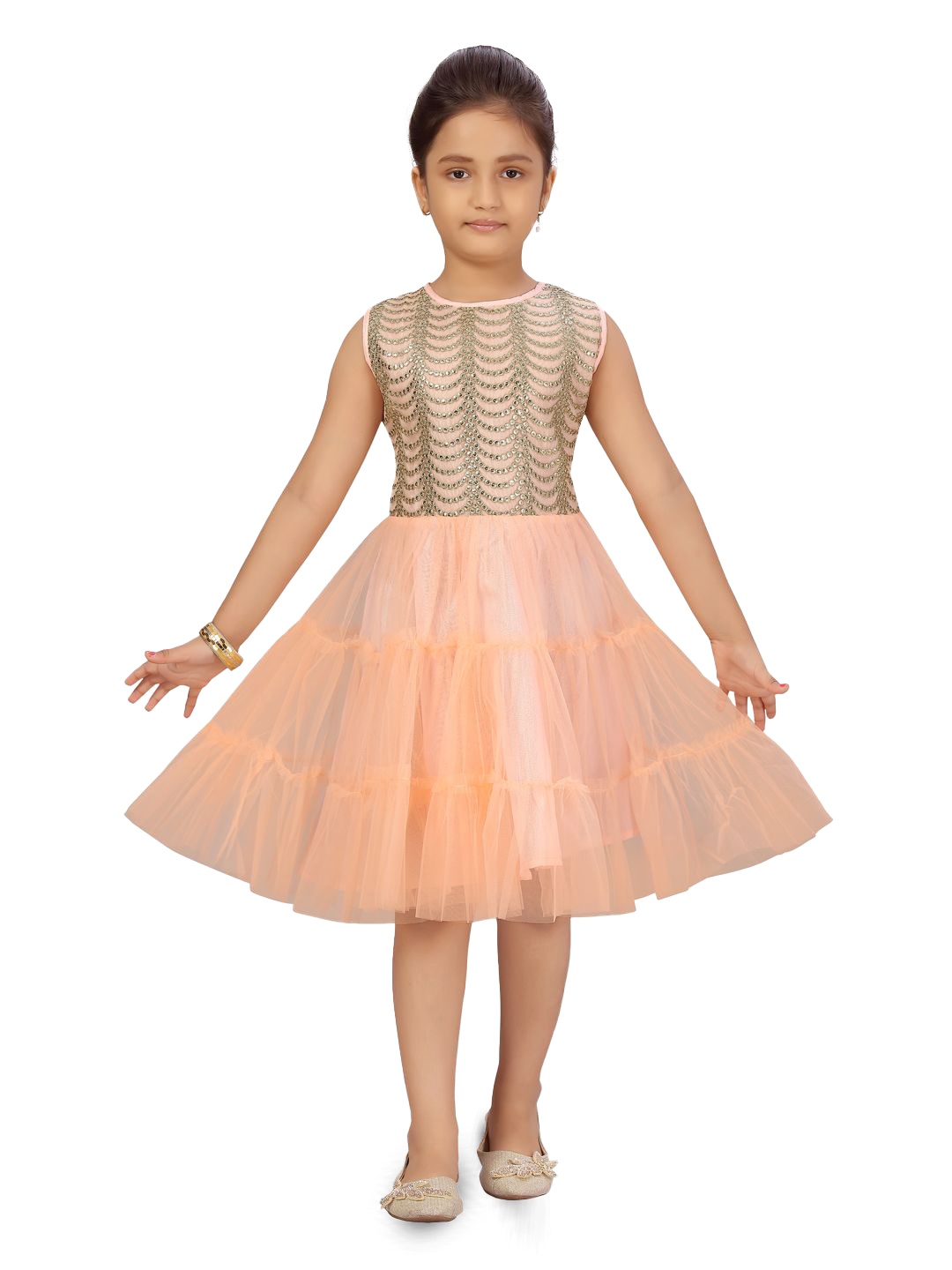 

BAESD Girls Embellished Net Fit and Flare Midi Dress, Peach