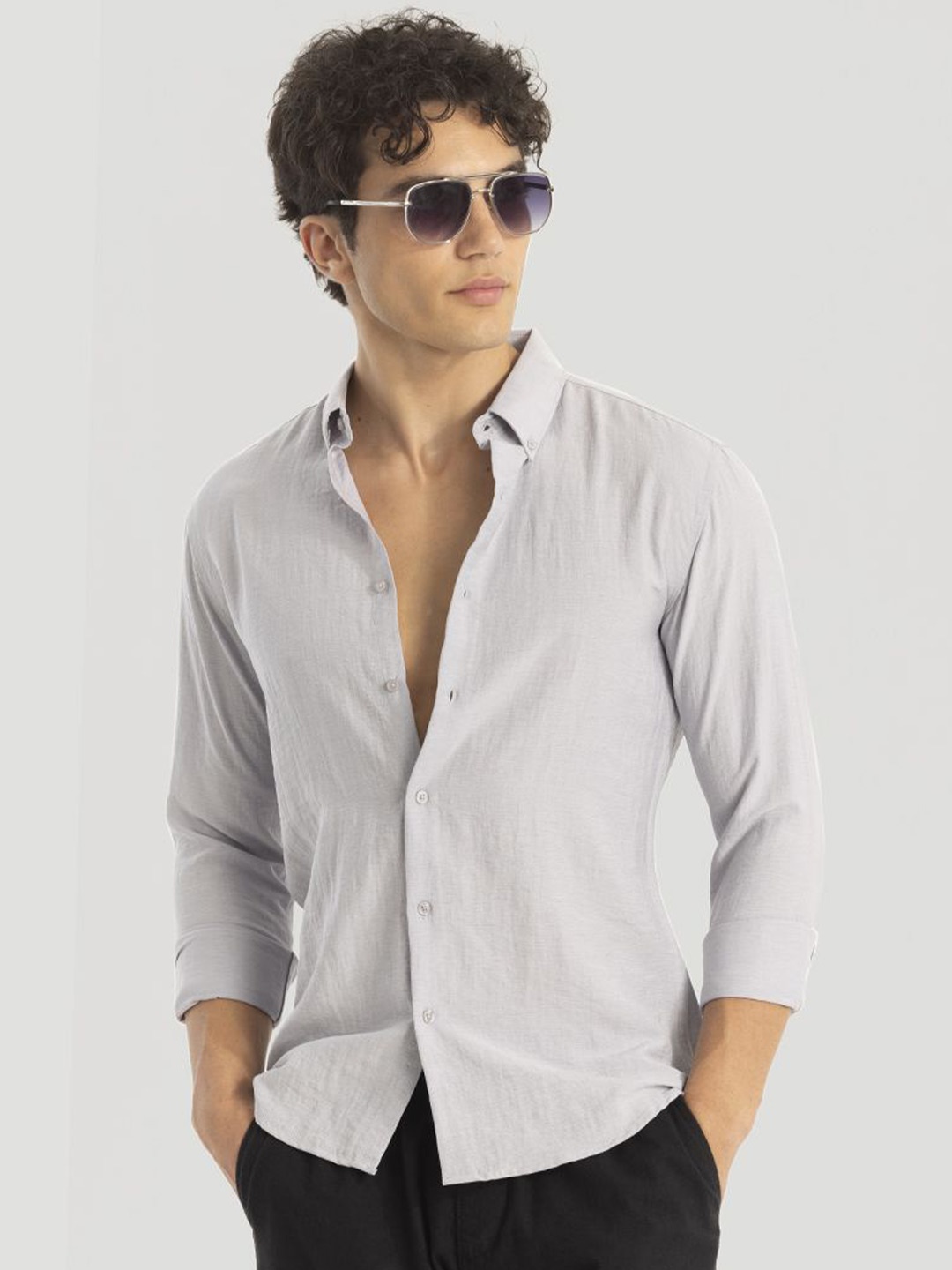 

Snitch Men Smart Button-Down Collar Solid Linen Slim Fit Casual Shirt, Grey