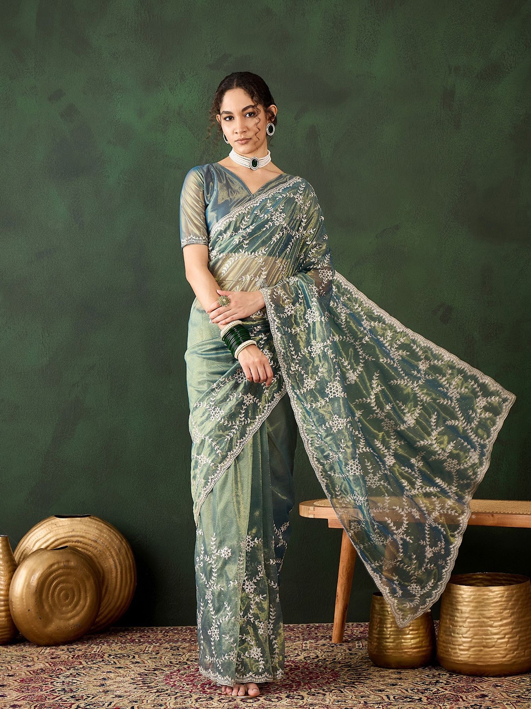 

DIVASTRI Embellished Embroidered Organza Designer Saree, Teal