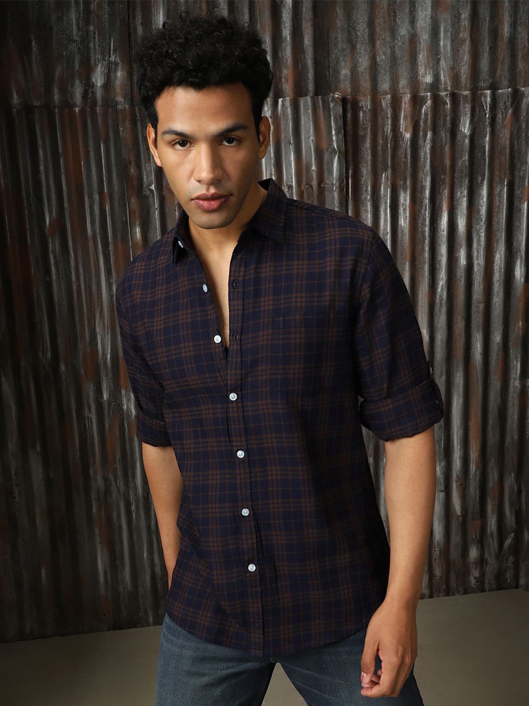 

High Star Men Classic Spread Collar Tartan Checked Cotton Casual Shirt, Navy blue