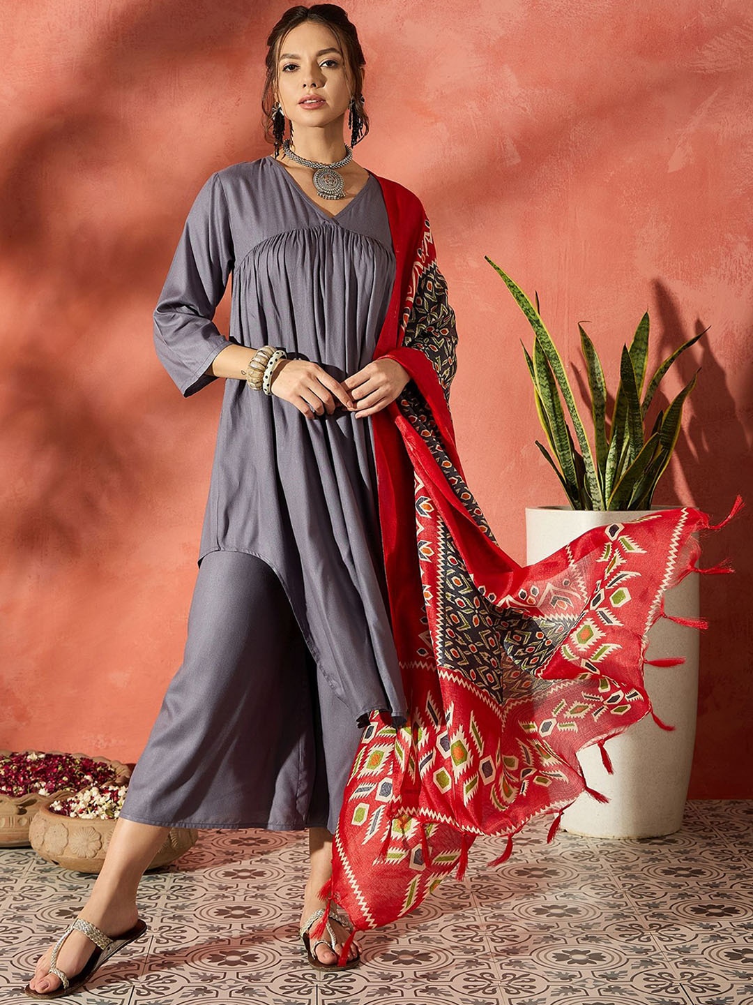 

InWeave Women A-Line Kurta With Palazzos With Dupatta, Grey