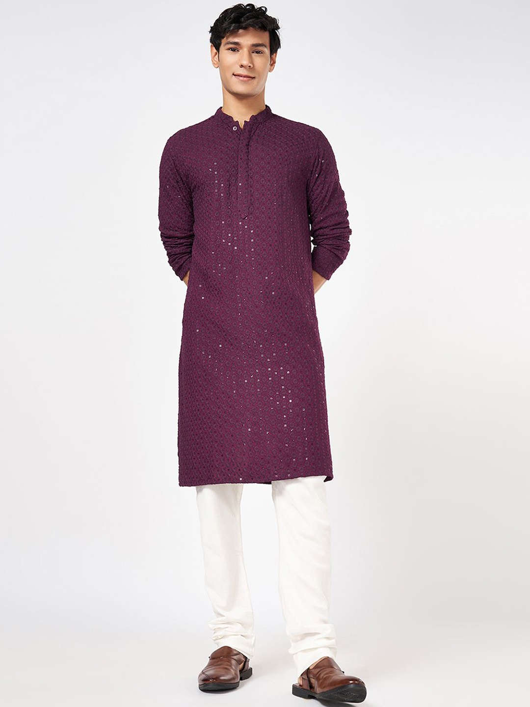 

indus route by Pantaloons Men Thread Work Kurta, Purple