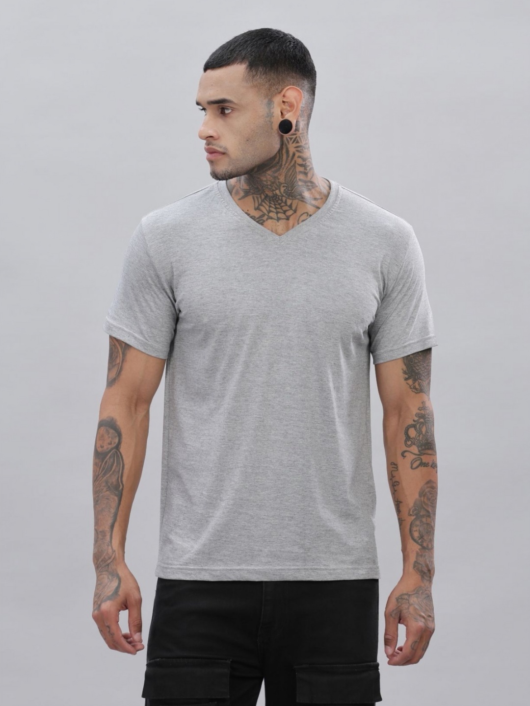 

ADRO Men Solid V-Neck Cotton T-shirt, Grey