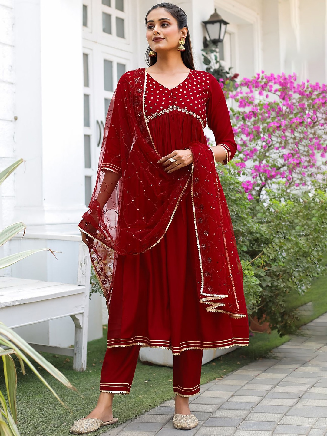 

Roly Poly Women Floral Embroidered Empire Kurta with Trousers & With Dupatta, Red