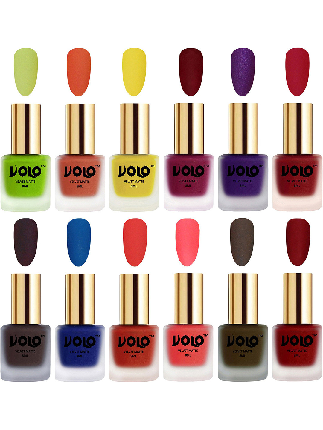 

VOLO Set Of 12 Velvet Matte Nail Polish - 8 ml Each -Coral - Tomato Red - Metallic, Multi