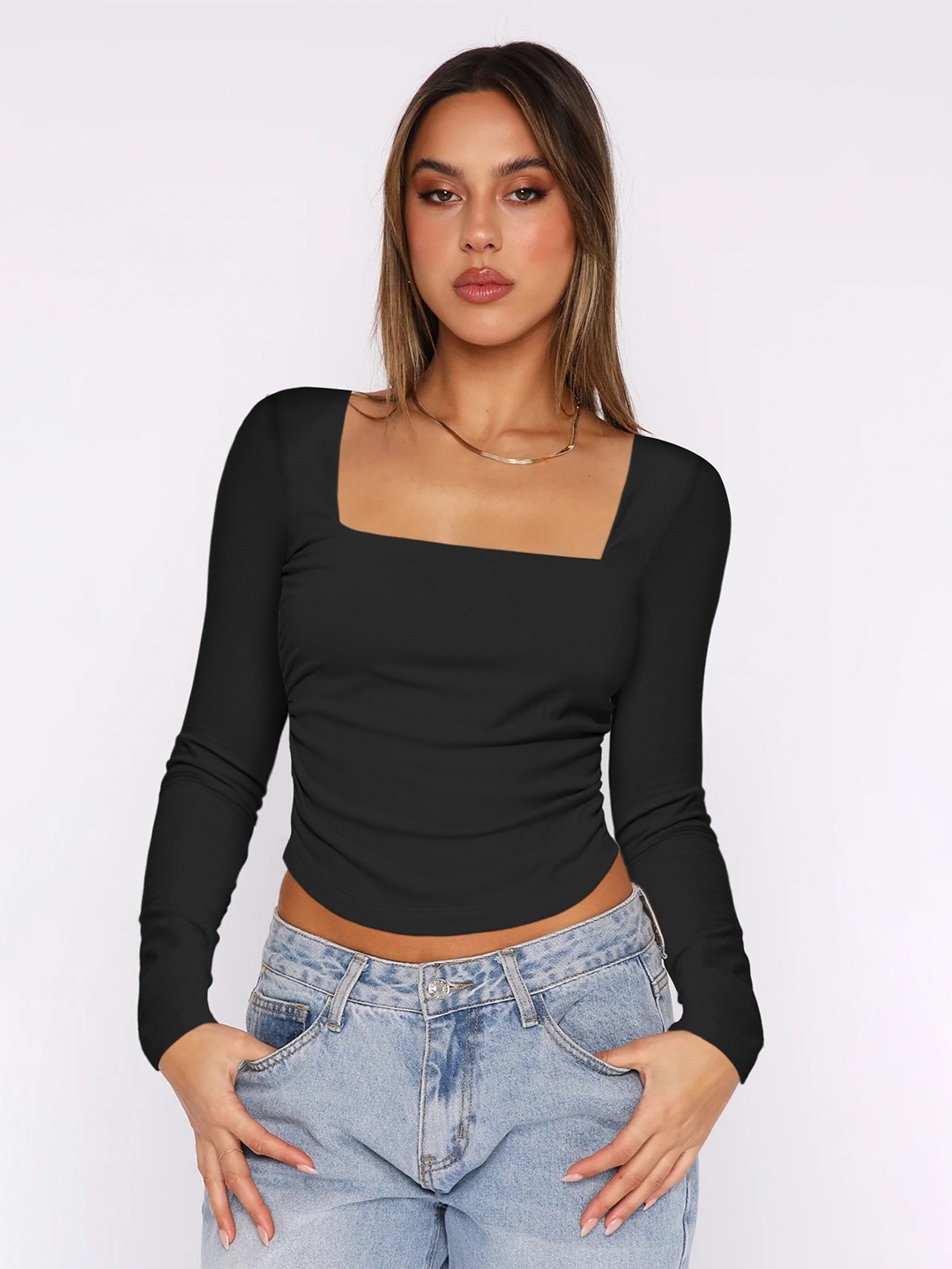 

HERE&NOW Women Solid Square Neck Nylon Top, Black