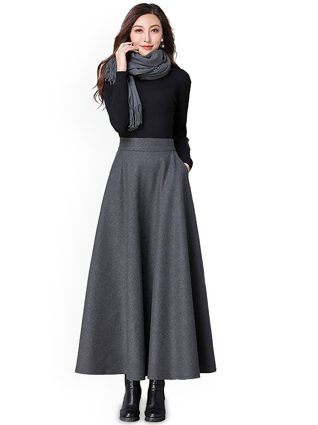 

StyleCast x Revolte Women Solid Flared Maxi Skirts, Grey