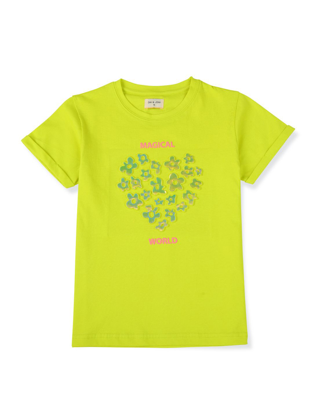 

Gini and Jony Girls Graphic Printed Applique Round Neck Cotton T-Shirt, Lime green
