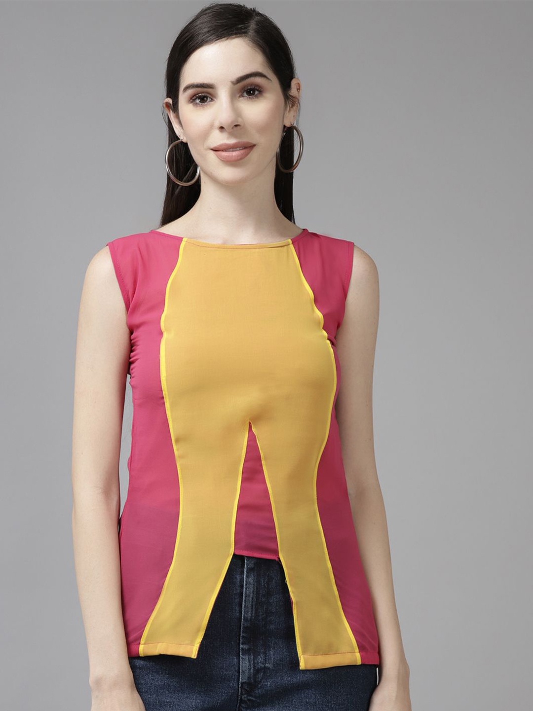 

BAESD Women Colourblocked Round Neck Top, Pink