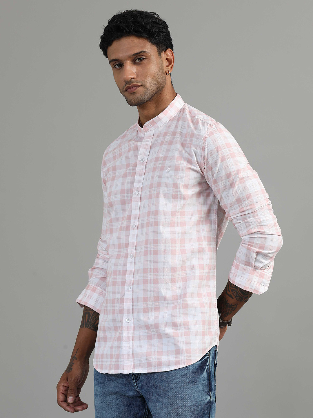 

SORATIA Men Mandarin Collar Checked Cotton Casual Shirt, Pink