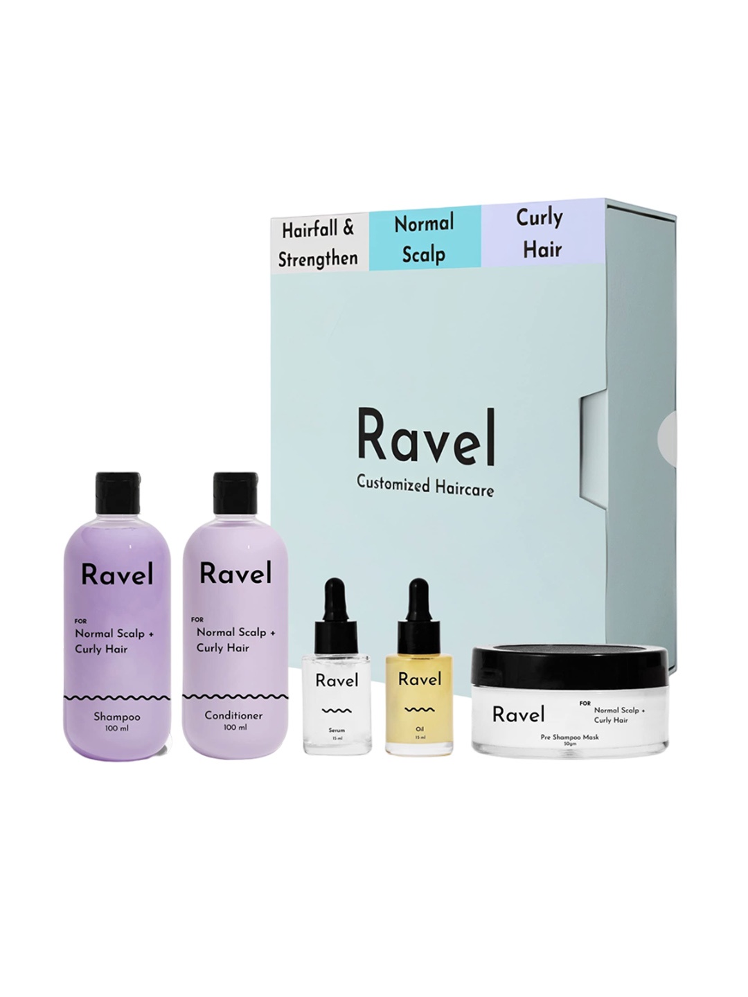 

Ravel Hair Fall Control Shampoo, Conditioner, Oil, Serum & Pre Shampoo Mask Gift Set, Blue