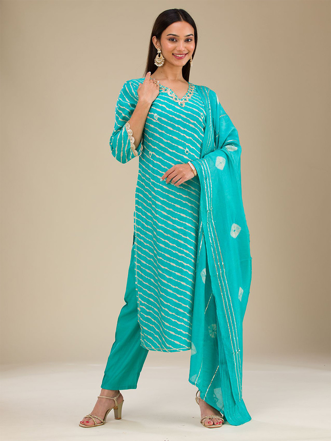 

Koskii Striped Thread Work Silk Crepe Straight Kurta With Trouser & Dupatta, Blue